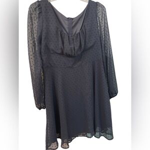 Lyaner swiss dot dress sheer sleeves lined black EUC square neck ruffle hem XL